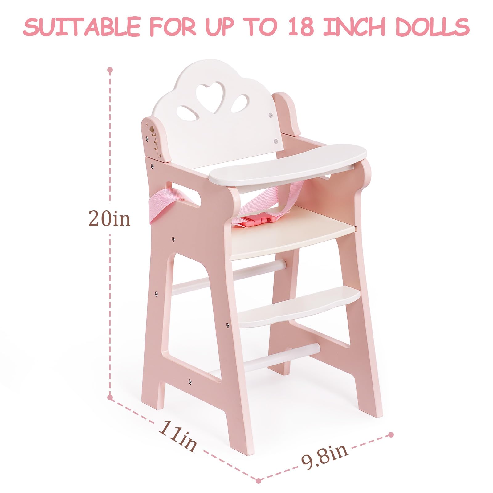 ROBOTIME High Chair for Pretend Play, Wooden Baby Doll Furniture with Safety Belt and Footrest, Fits 18 Inch Dolls, Gift for Ages 3+, White/Pink