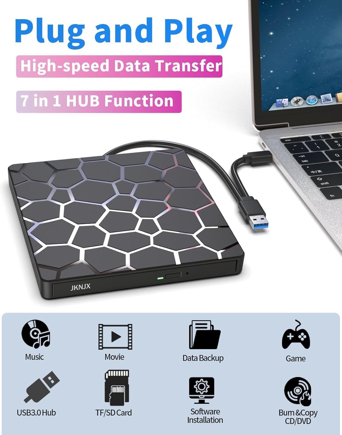 JKNJX External CD DVD Drive,8 in 1 USB 3.0 and Type-C CD Burner Player