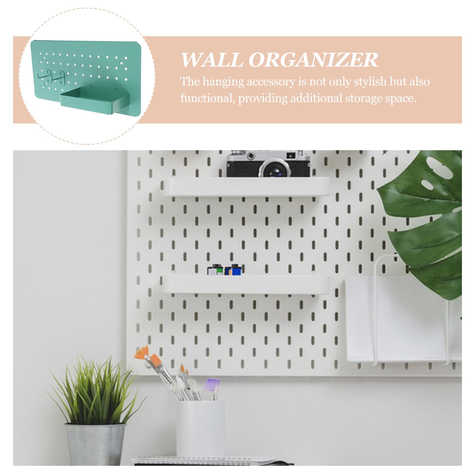 Angoily Tablero Perforado de Pared Pequeño 4 Cm con Caja Organizadora Verde Menta y Doble Gancho, Estante Colgante para Oficina y Hogar, Organizador Metálico para Escritorio