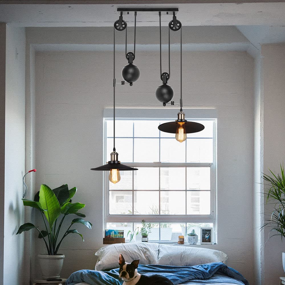 iDEGU 2 Lampes Lustre Industrielle Suspension Luminaire Vintage Plafonnier avec Poulie en Métal Lampe de Plafond Barre, Ø 26cm, Noir (système de poulie - 26cm)