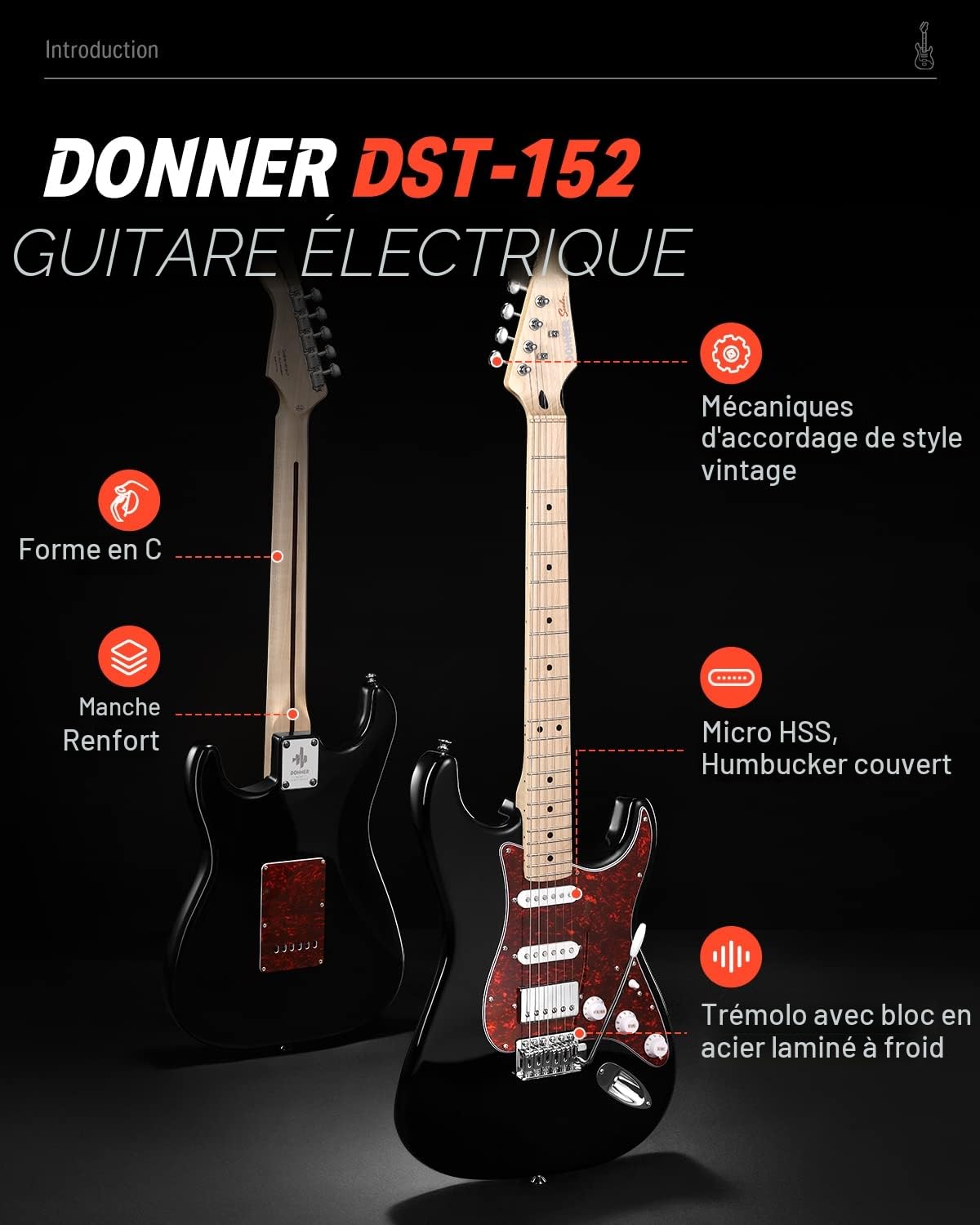 Donner Guitare Electrique, Pack Guitare Electrique Adulte HSS Pickup Coil Split, Guitare Taille Réelle avec Ampli, Housse, Accessoires, DST-152B Noir