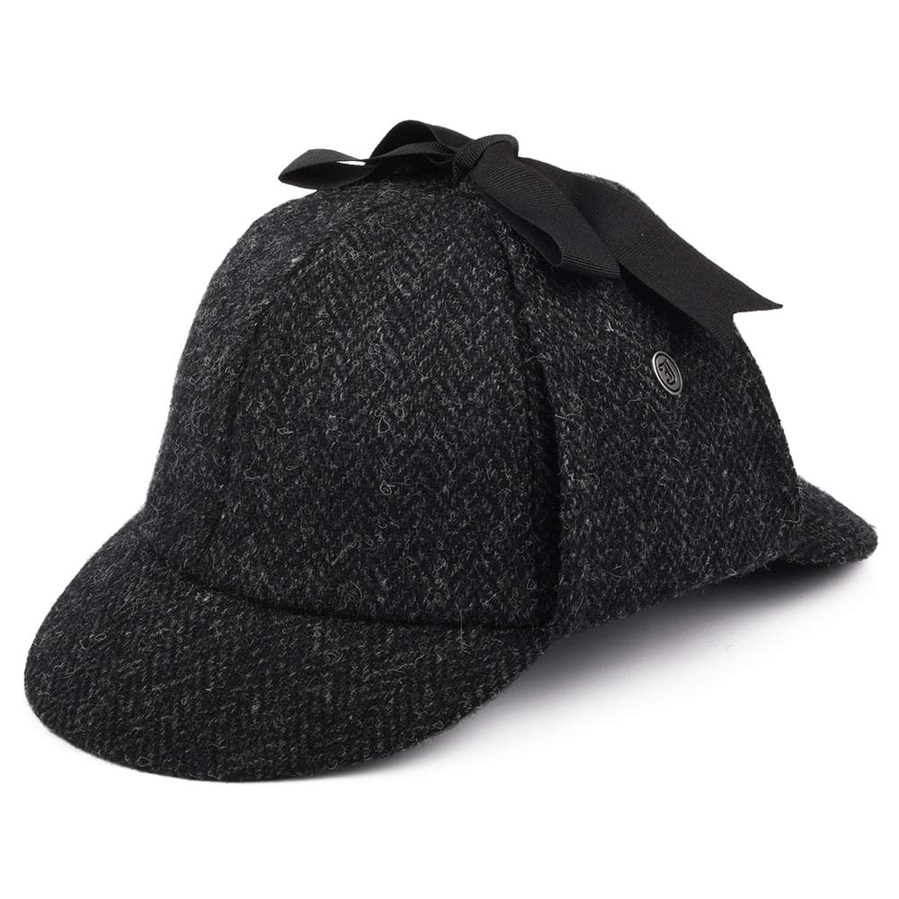 Jaxon & James Harris Tweed Sherlock Holmes Deerstalker Hat - Black-Charcoal - Small