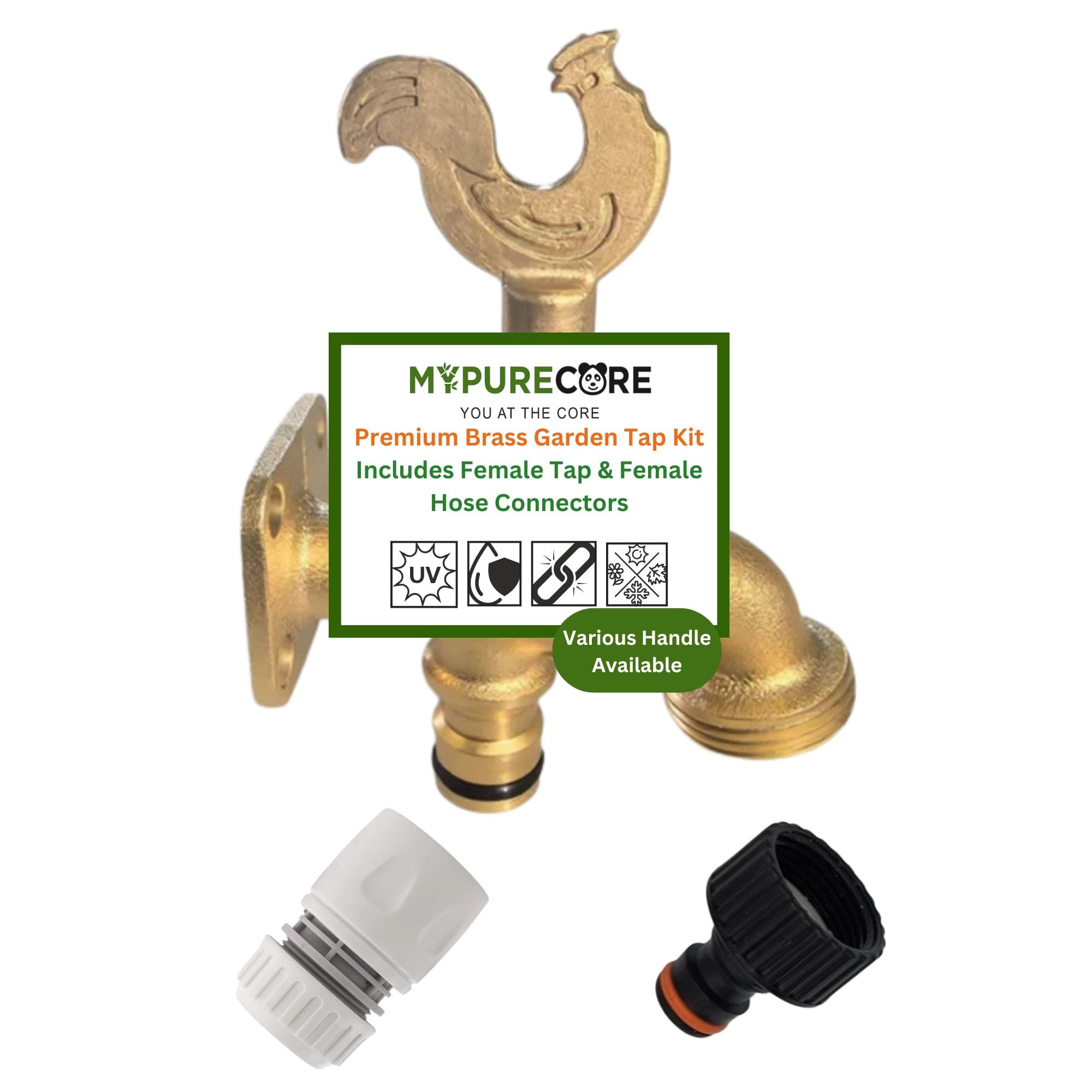 Mypurecore You At The Core Women's Brass Mypurecore Garden Tap Kit With Hose Connectors – 3/4" Bsp Outdoor Bib Tap, Tap Connector & Hose Connector, Quick Connect Water Tap Set For Garden & Irrigation (Rooster Handle)