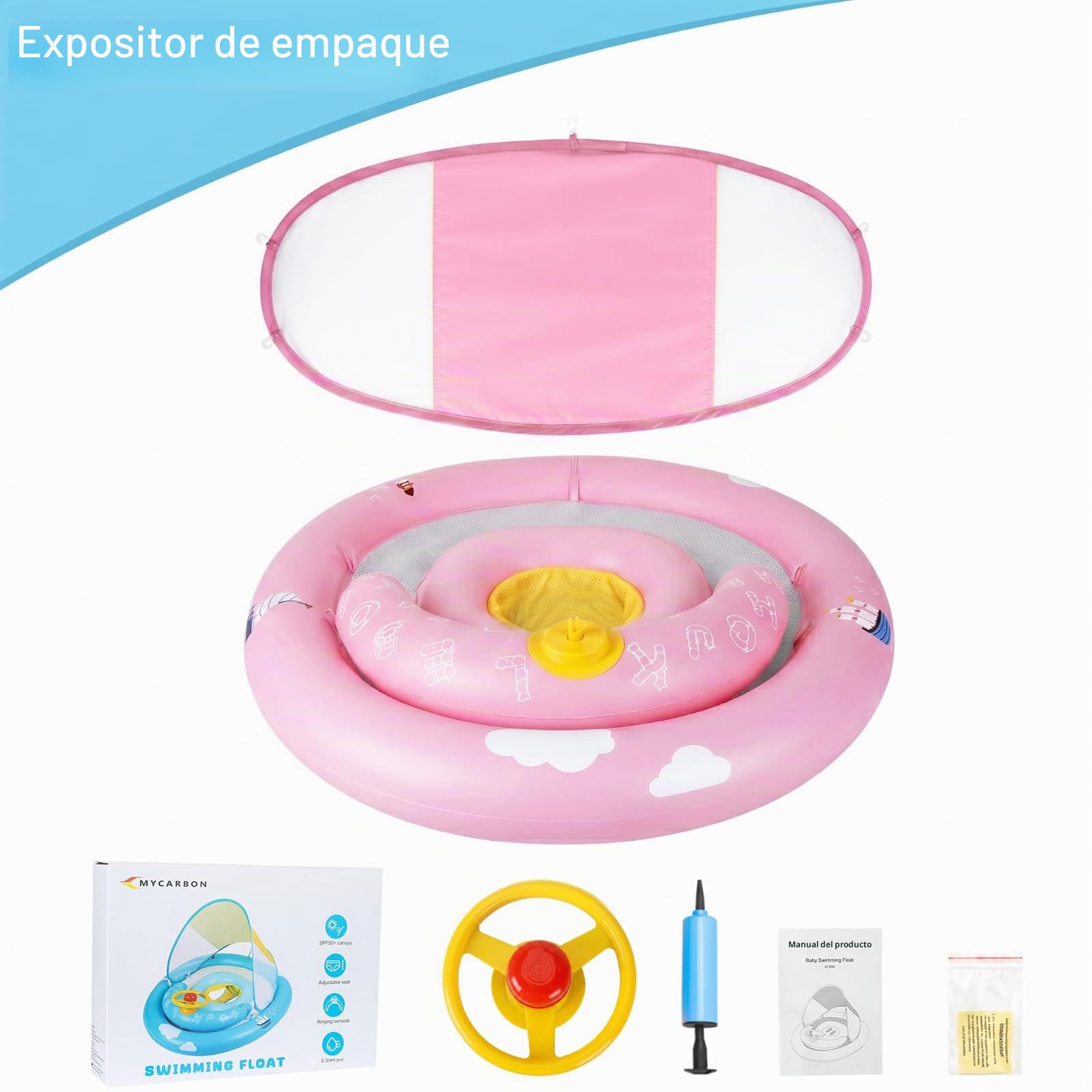 MYCARBON Flotador Bebe para 6 a 30 Meses con Asiento Ajustable Flotador Bebe con Sombrilla UPF50+ con Dos Airbags Bomba de Aire para Niños de 7 a 14 kg