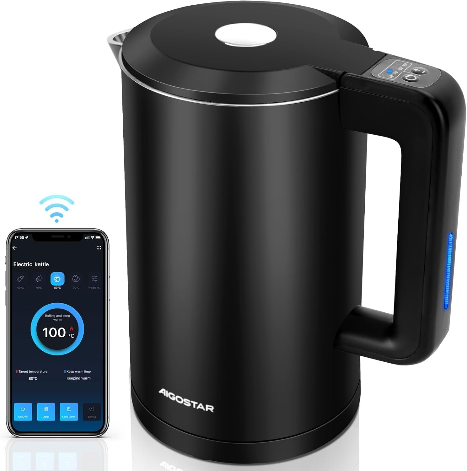 Aigostar Benjamin - Inteligente Hervidor de Agua Temperatura Regulable de 40°C a 100°C, Conexión Wi-Fi, Alexa y Google Home. Doble Pared de Acero Inoxidable, 2200W, 1,7L, Mantener Caliente 24 hora