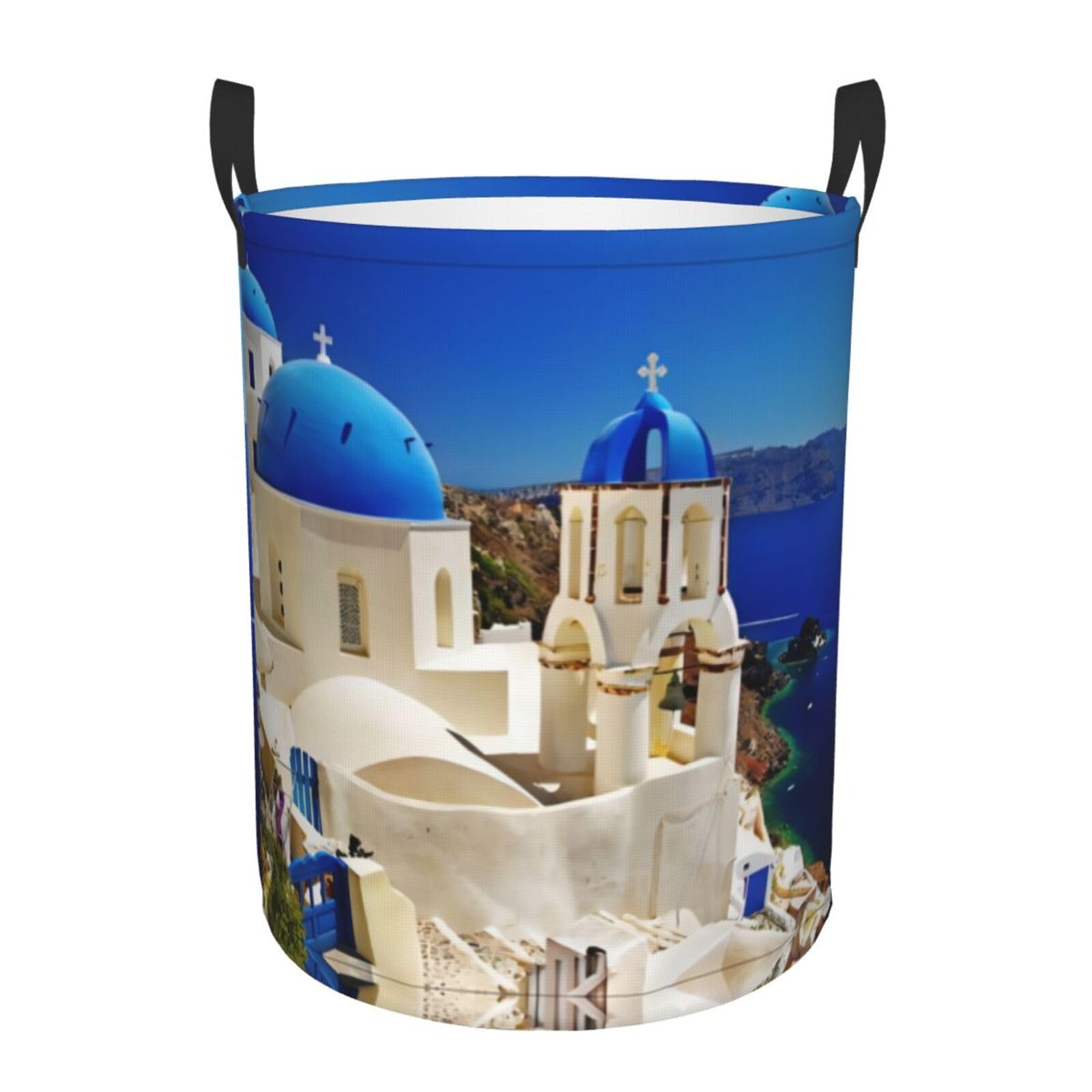 M Circular Hamper Santorini Greek Island sea View Print Storage Basket for Home