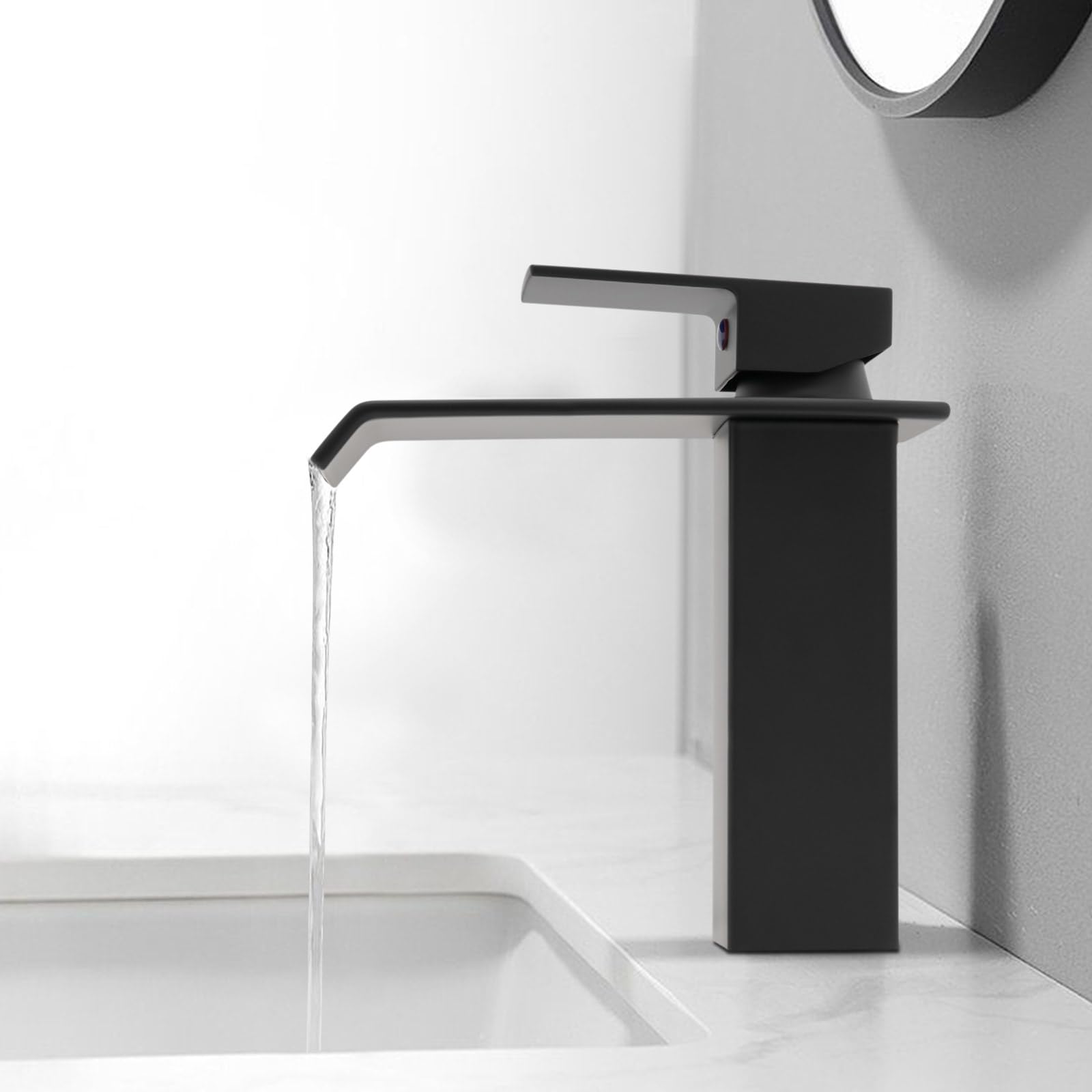 Rubinetto per lavabo, miscelatore monocomando per lavabo, rubinetti, acqua calda fredda, a cascata per bagno con beccuccio, tubo di scarico in acciaio inox, nero