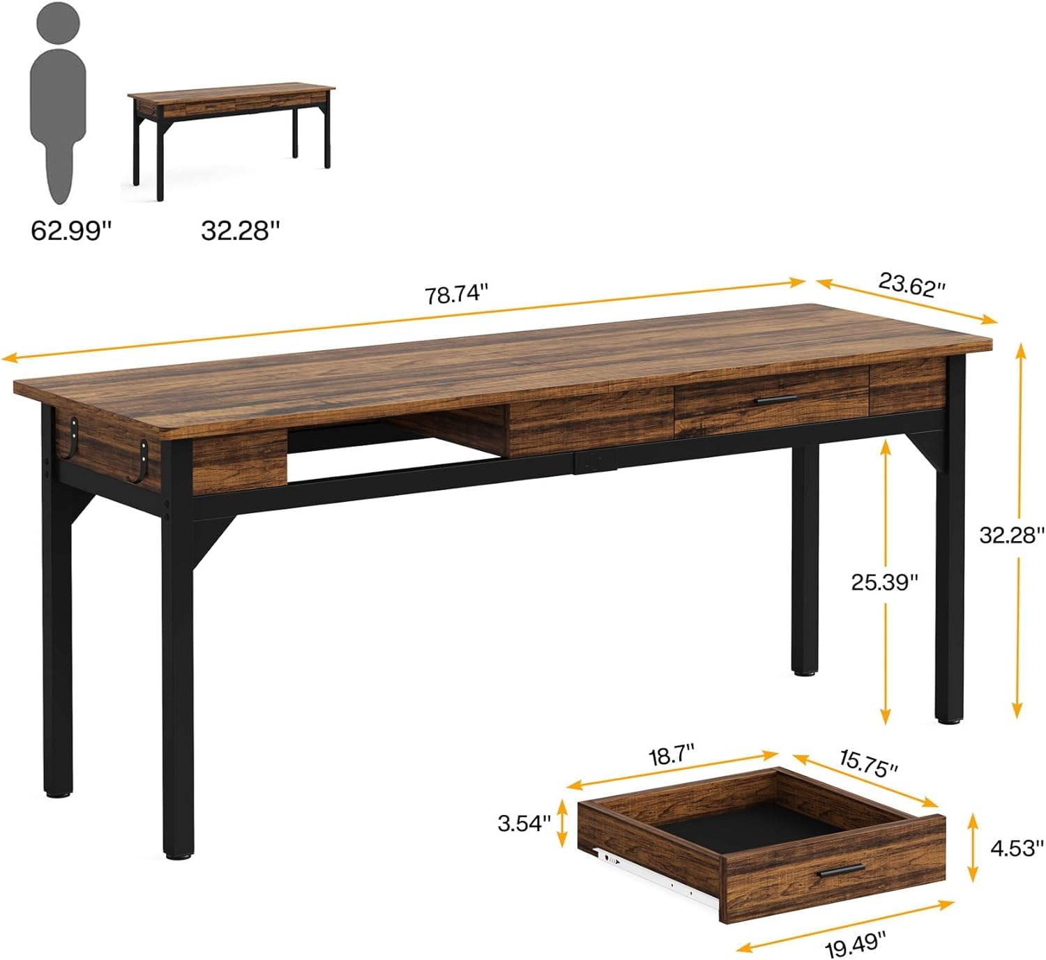 Tribesigns Scrivania per Computer, 200 x 60 x 82 cm Scrivania da Ufficio per Studenti e Lavoratori, Doppia Lunga Tavolo da Computer con 2 cassetti per Ufficio Studio, Marrone