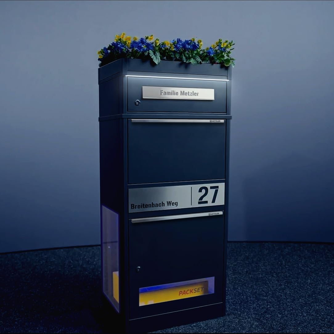 Metzler® boîte aux Lettres Colis avec éclairage LED Solaire et Plaque nom gravée RAL 7016 Anthracite – Acier thermolaqué sur Pied, capacité XL sécurisée et résistante intemperies Bispo 2