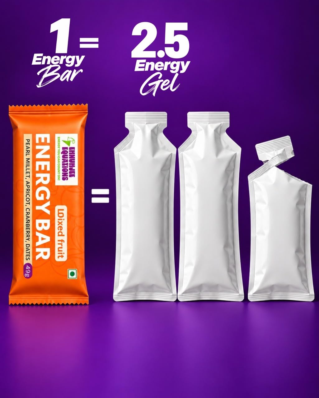 Energy Bar Mixed Fruit EHNUHJEE EQUATIONS Pack of 8 Energy Bars - 100% Millet Based | Vegetarian | 392g (49g X 8) | No refined sugar | Healthy Snack | For Pre & During Activity | Easy to Chew — Amazon image 3