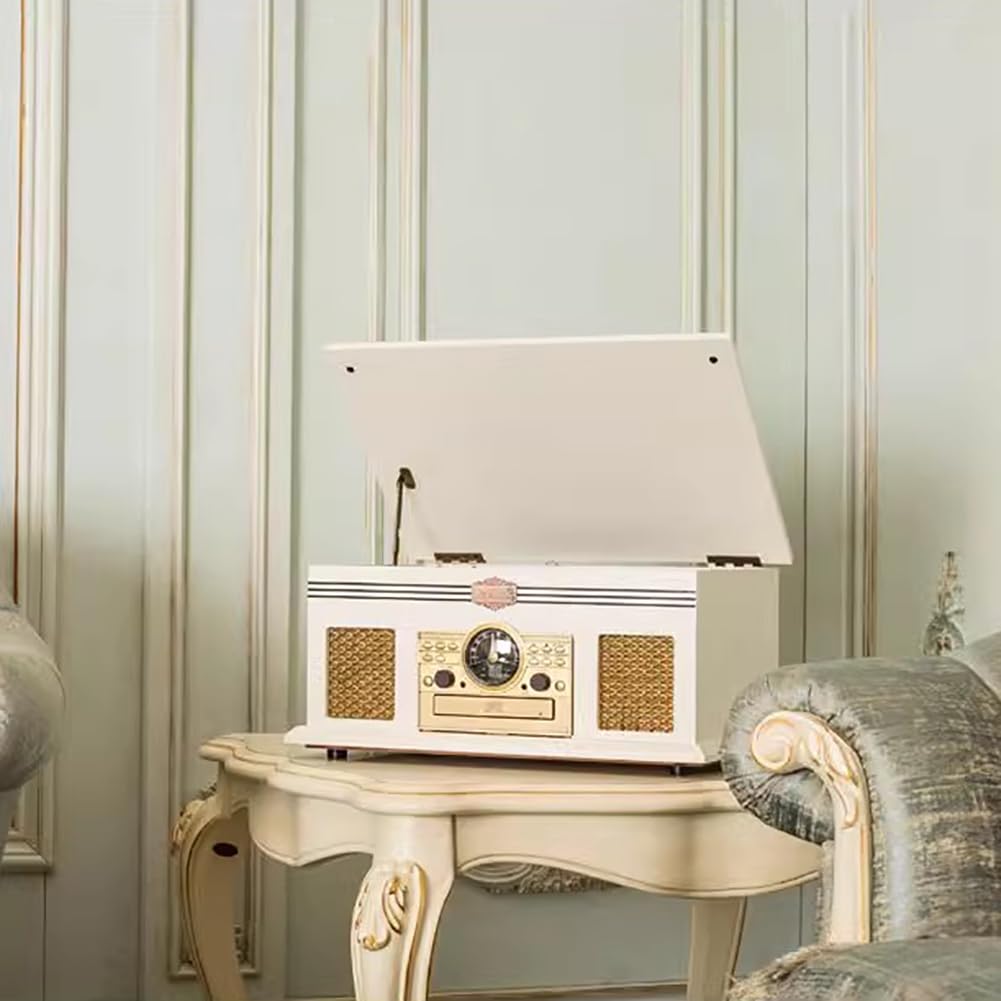 Fonógrafo Retro, Tocadiscos De Vinilo De La Vieja Escuela, Caja De Reproducción De Vinilo Vintage, Máquina De Discos Integrada De CD De Vinilo, Altavoces Duales Integrados De 10 W,Blanco