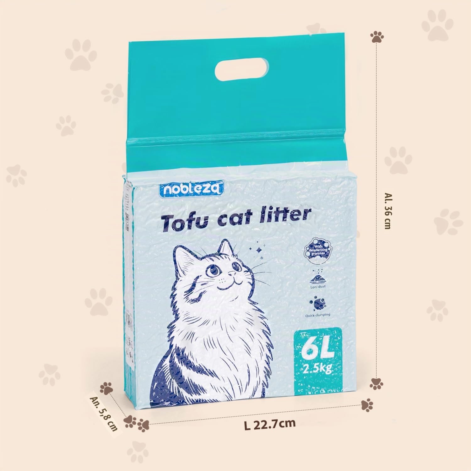 Nobleza Arena de Tofu para Gatos 20KG (8x2.5KG), Arena Aglomerante Natural, Sin Polvo, Control de Olores, Alta Absorción, Desechable en el Inodoro