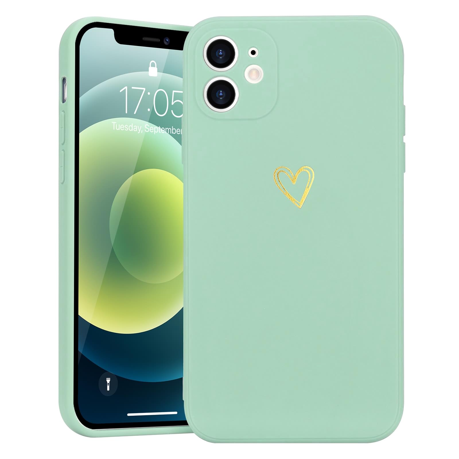 Wirvyuer for iPhone 12 Case Cute with Heart Pattern, Slim Protective Silicone Phone Case Cover for Women Girls, Mint Green