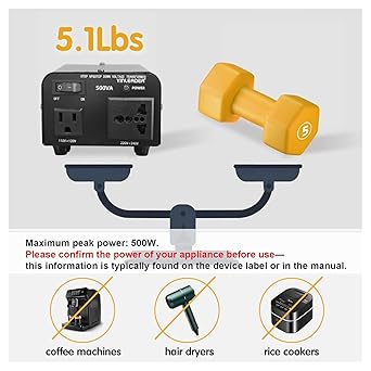 Yinleader 500W 110/120V to 220/240V Voltage Converter Transformer Step Up/Down Converter 110V to 220V, 220V to 110V with US Power Cord and US to EU Adapter