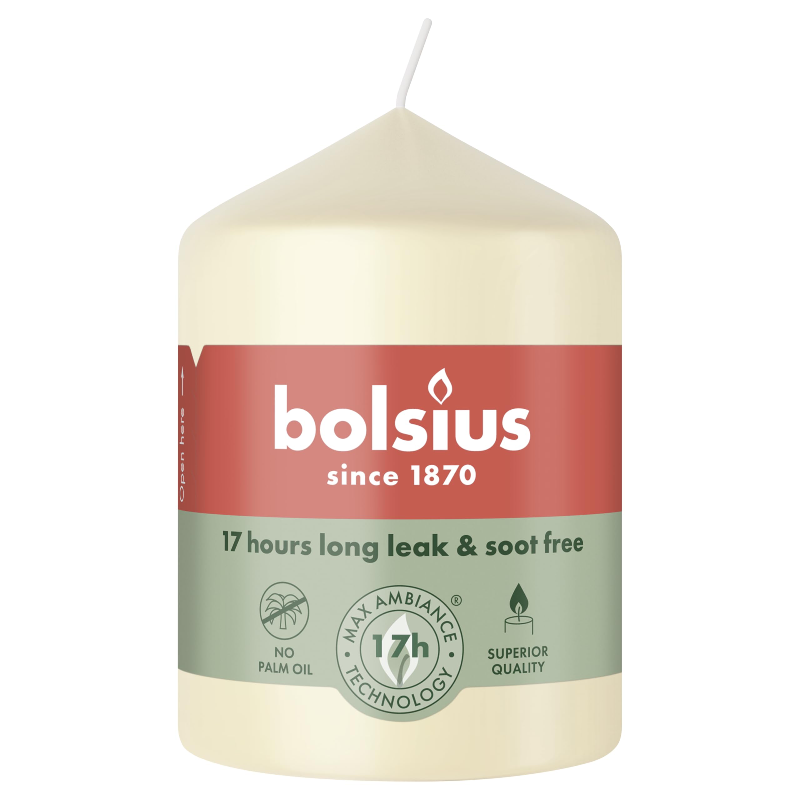 Bolsius, Smooth Pillar Candle, Ivory, 8 x 5,8 cm, Burning time of 17 Hours, 6 Pack, Unscented, Natural Plant Wax, No Palm Oil