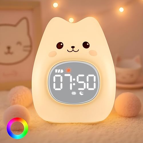 Reloj despertador de gato con luz nocturna para niños con entrenamiento del sueño y máquina de sonido, lámpara de silicona recargable para