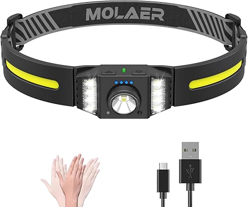 Linterna frontal recargable, haz ancho de 270, lámpara de cabeza LED brillante con sensor de movimiento para adultos, ligera, resistente a la
