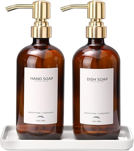 Dispensador de jabón de vidrio con bandeja de cerámica y bomba de acero inoxidable, juego de dispensador de jabón de cocina con 12 etiquetas