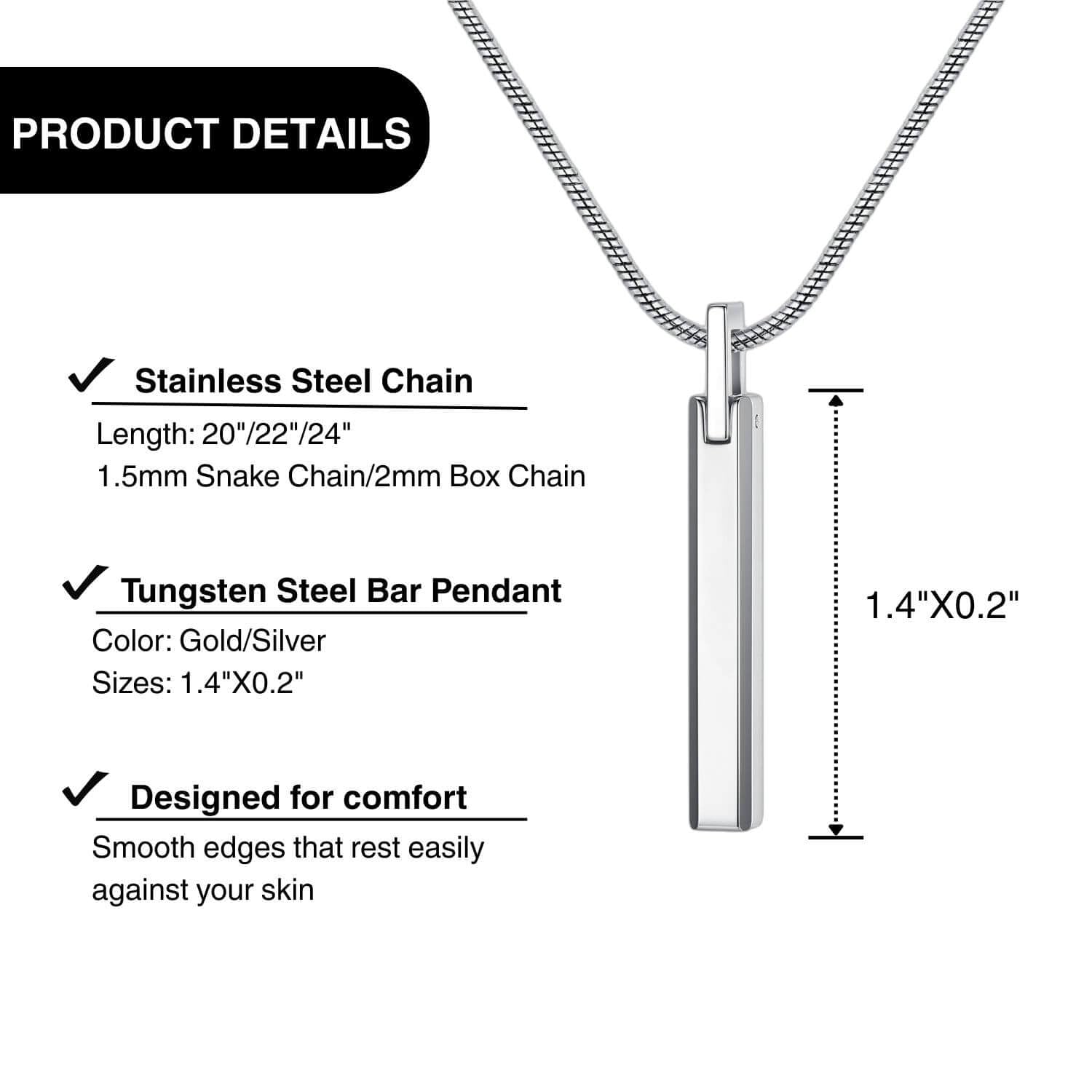 COAI Tungsten Steel Bar Necklace for Men Women, 18K Gold Plated/Silver Color Pendant Necklace for Men 20"-26"