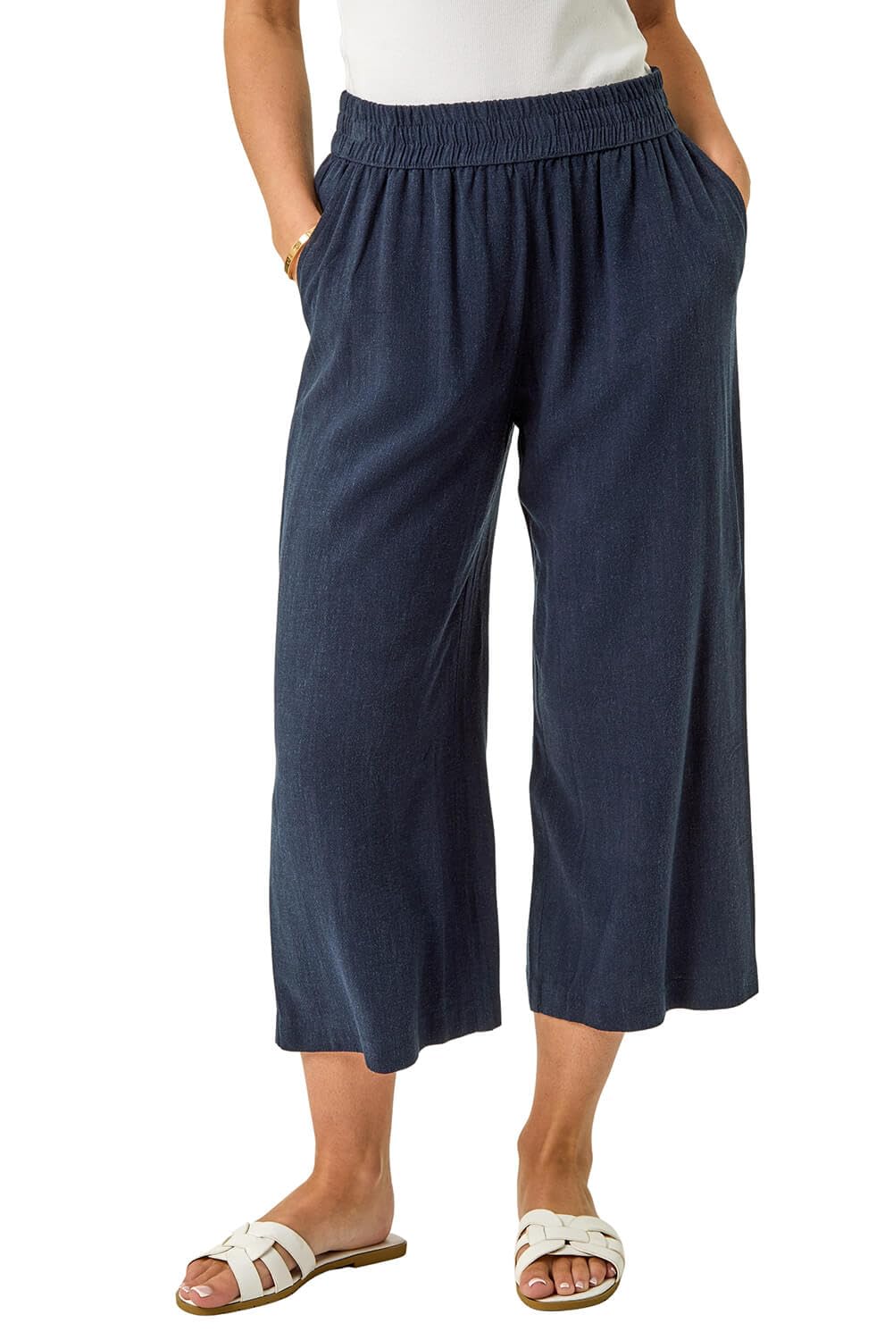 Roman Petite Linen Mix Cropped Trouser, Navy, Size 22, Women