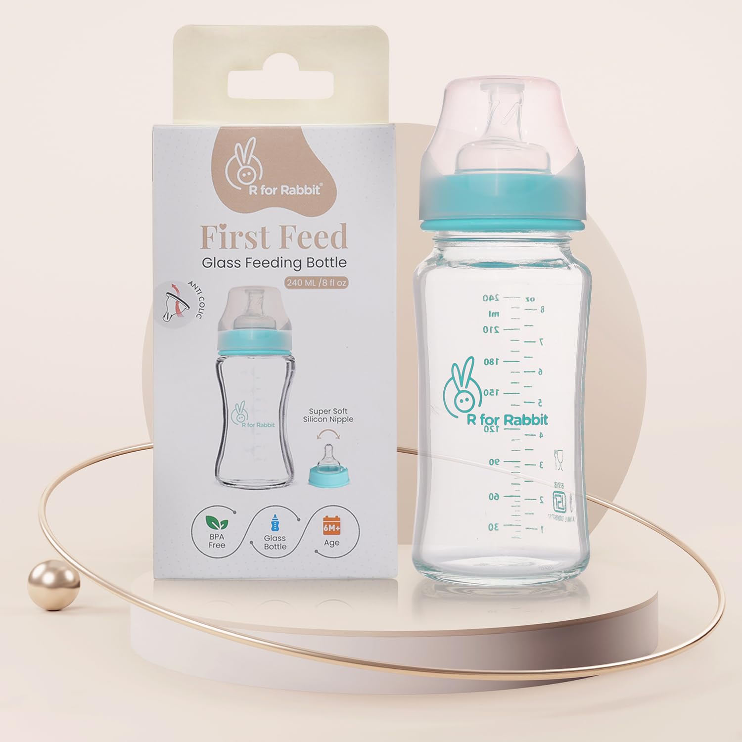 R for Rabbit First Feed 240 ml Baby Feeding Glass Bottle with Anti-Colic Wide Neck, BPA Free Soft Silicone Nipple, Milk Feeder for New Born/Infants/Toddler Kids of 6+ Months (Sea Green)