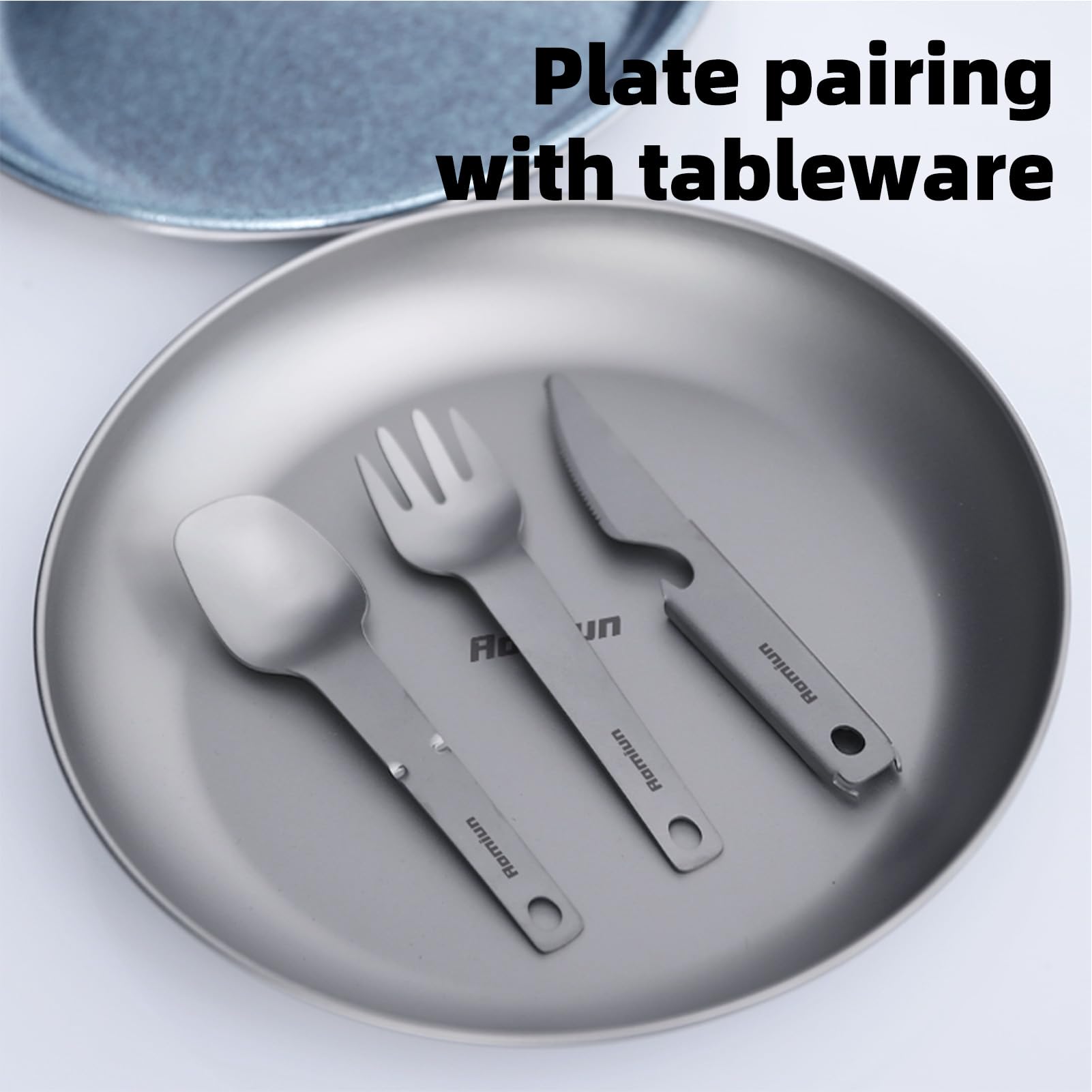 Aomiun Titanium Camping Plate Utensil Set of 4, Ultralight Titanium Plate Dish with Knife Fork Spoon, Portable Outdoor Camping Tableware Cutlery Cookware for Backpacking Hiking Travelling Picnic BBQ