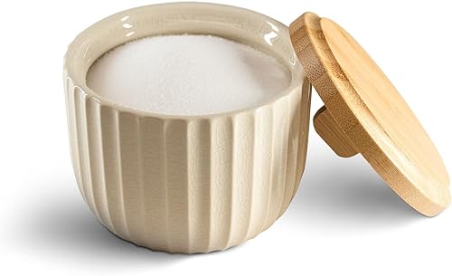 LunaLife Recipiente para bodega de sal con tapa de bambú cuencos de cerámica de gran capacidad de 14 onzas caja de pimienta contenedor de