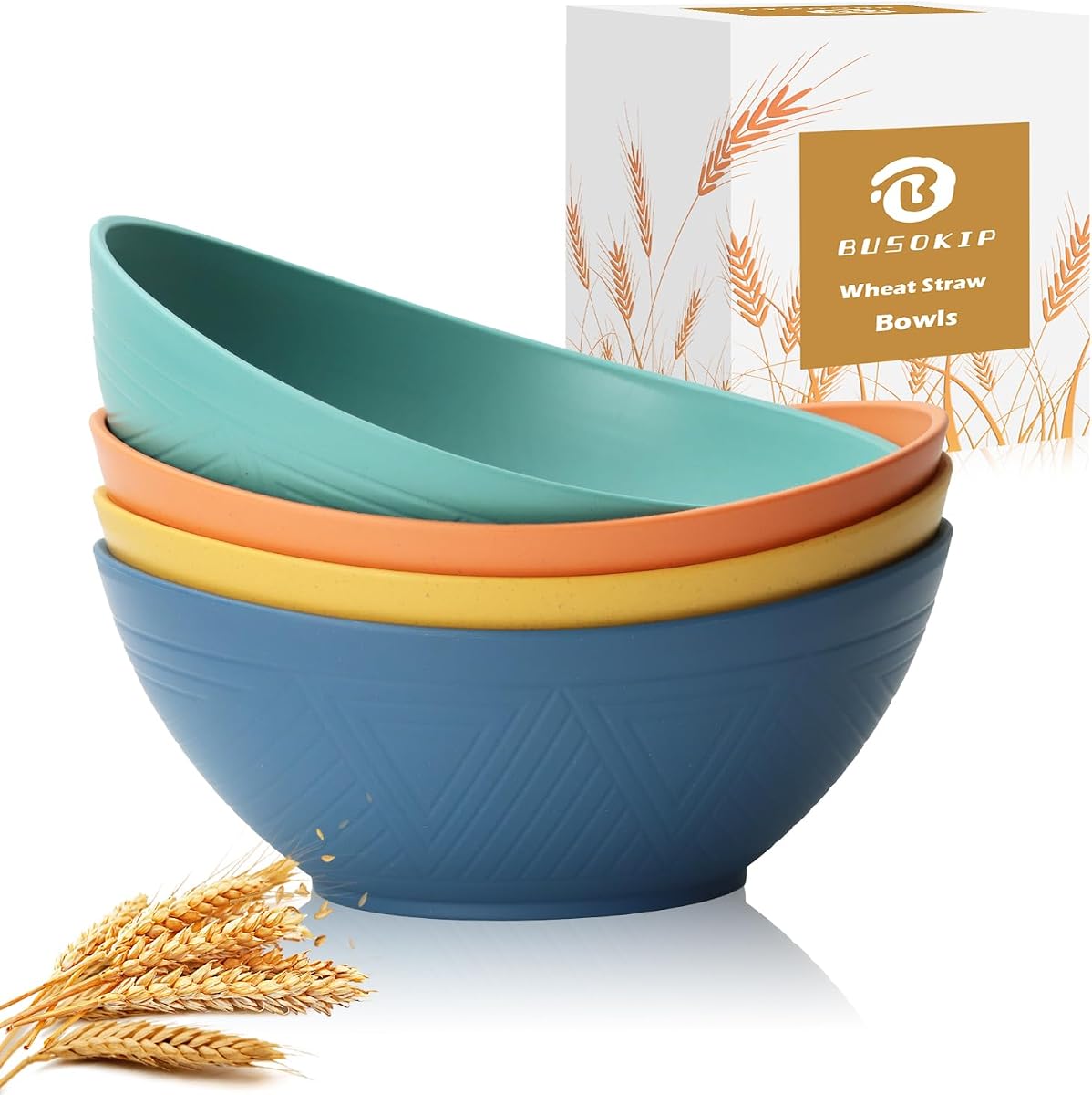 65 OZ Wheat Straw Bowls Set of 4, Large Unbreakable Salad Bowls, Microwave & Dishwasher Safe Big Serving Bowl, Plastic Kitchen Bowl for Popcorn, Cereal, Soup and Ramen (Multicolor)