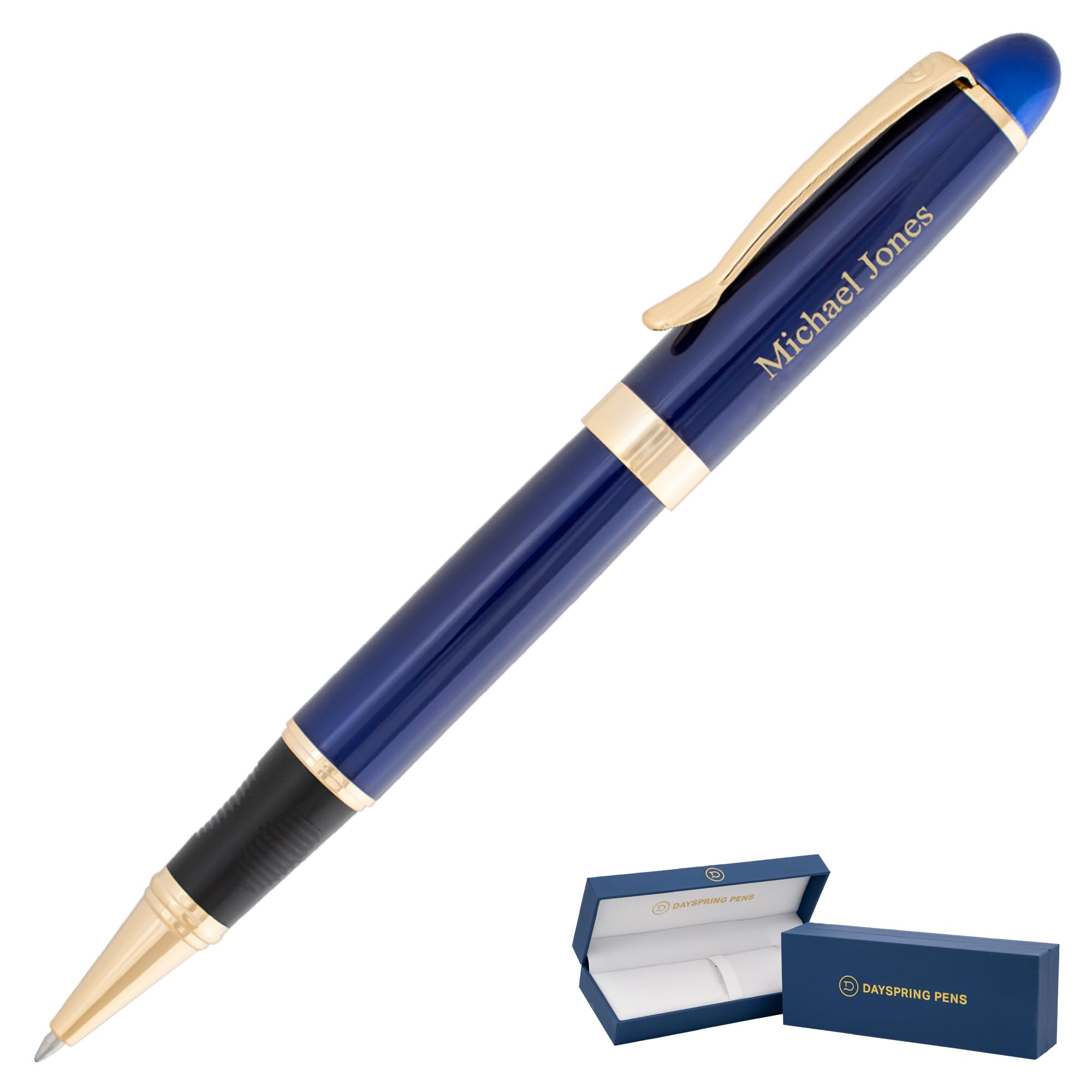 Dayspring Pens | Engraved Alexandria Rollerball Gift Pen with Case - Blue Lacquer with Gold Trim. Engraved With Name/Message. Smooth Rollerball Ink.