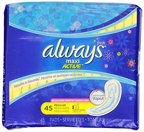 Always Maxi Feminine Pads without Wings, Regular Absorbency, 45 Count - Pack of 2 (90 Total Count)
