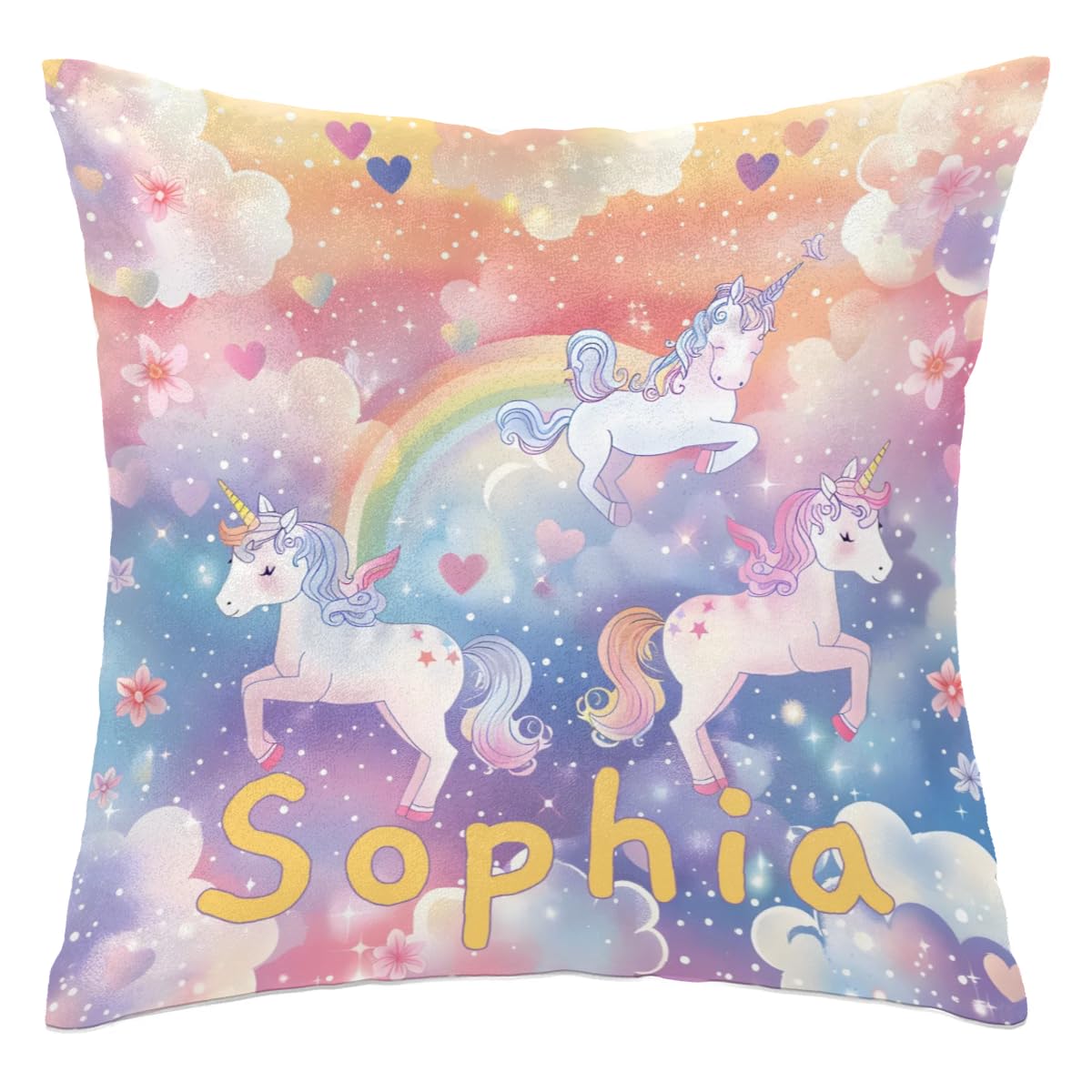 Personalized Cute Unicorn Square Pillowcase for Kids-Girls,Custom Name Cushion Covers,Custom Gifts Throw Pillow Cover for Girls Children Birthday,for Sofa Car Bedroom (Cover Only),Orange Purple
