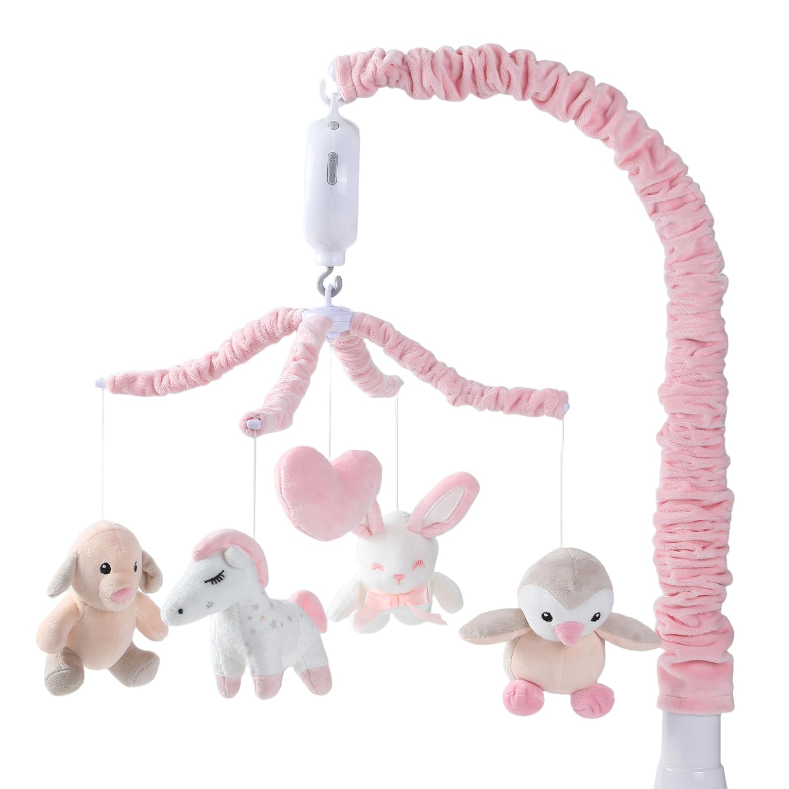 Photo 1 of JOLLITO Crib Mobile for Girls, Soft Pink Musical Baby Crib Mobile with 12 Lullabies, Rotating Arm and Detachable Plush Animal Toys, Nursery Decor Baby Mobile for Crib Toys Bassinet