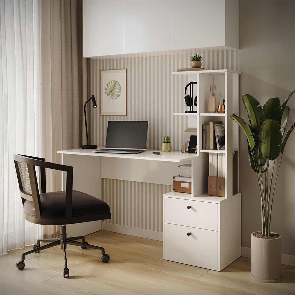 Vicco Escritorio Denton, Blanco, 136 x 55 cm | con compartimentos abiertos para organizar material de trabajo