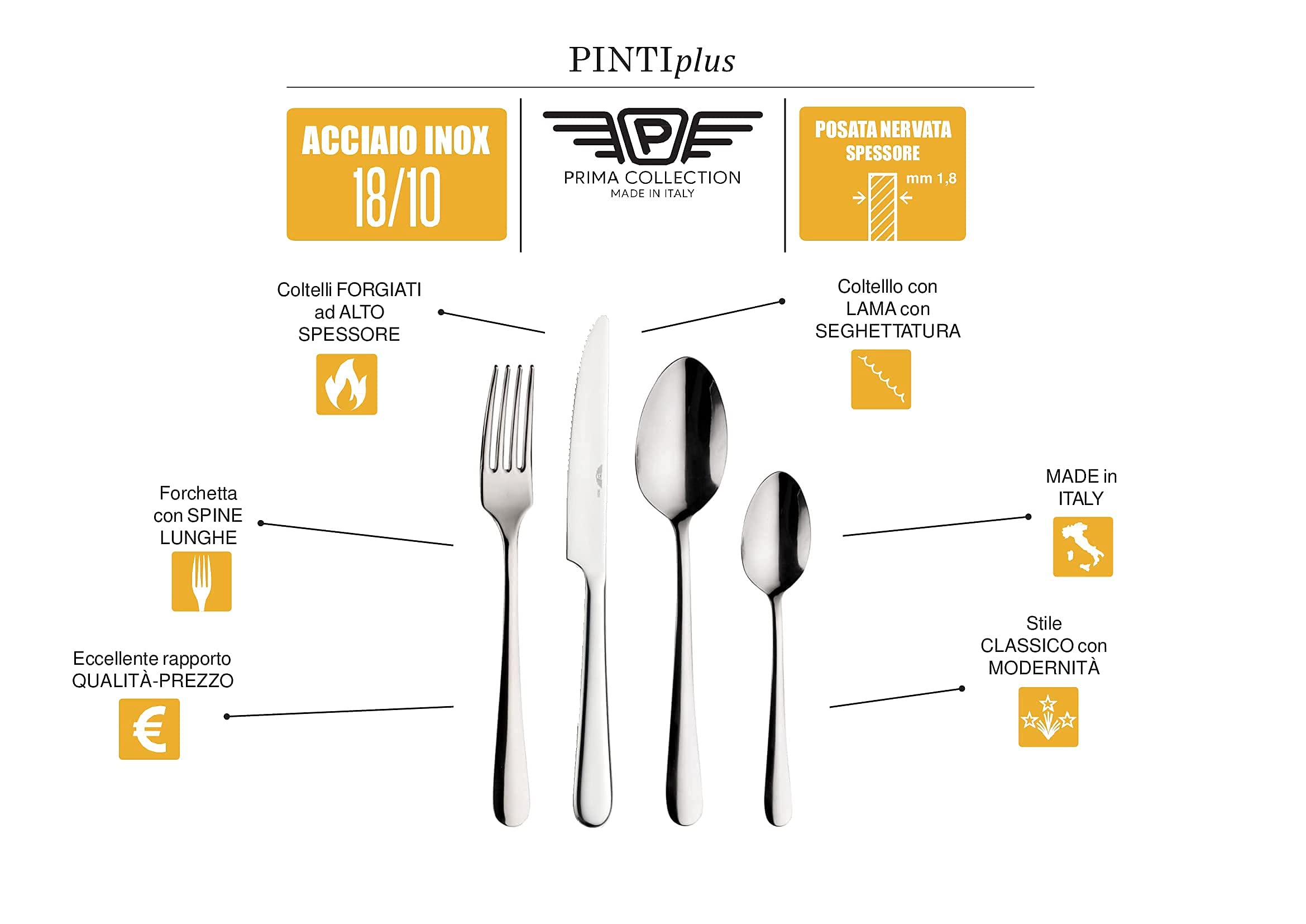 Prima Collection, Set da 24 Posate Serie Living Pintinox, Acciaio Inox 18/10, Made in Italy (6 Persone)