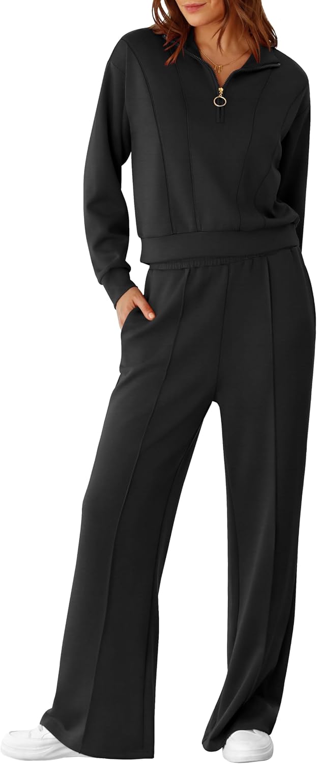 RUBZOOF Lounge Sets for Women 2 Piece Sweatsuits Fall Outfits Half Zip Sweatshirt Wide Leg Sweatpants Matching Clothing Set - Image 2