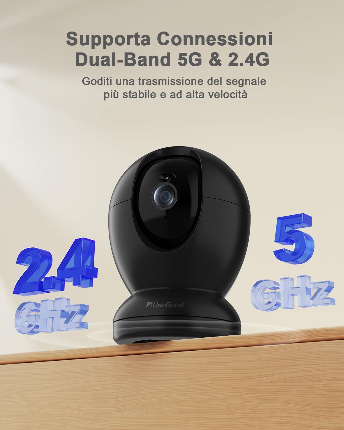 usogood 2.5K Telecamera Wi-Fi Interno, 360° Webcam per Animali/Anziani con Visione Notturna, Supporta 2.4G/5G WiFi, Audio Bidirezionale, Tracciamento del Movimento, Compatibile con Alexa, Nero