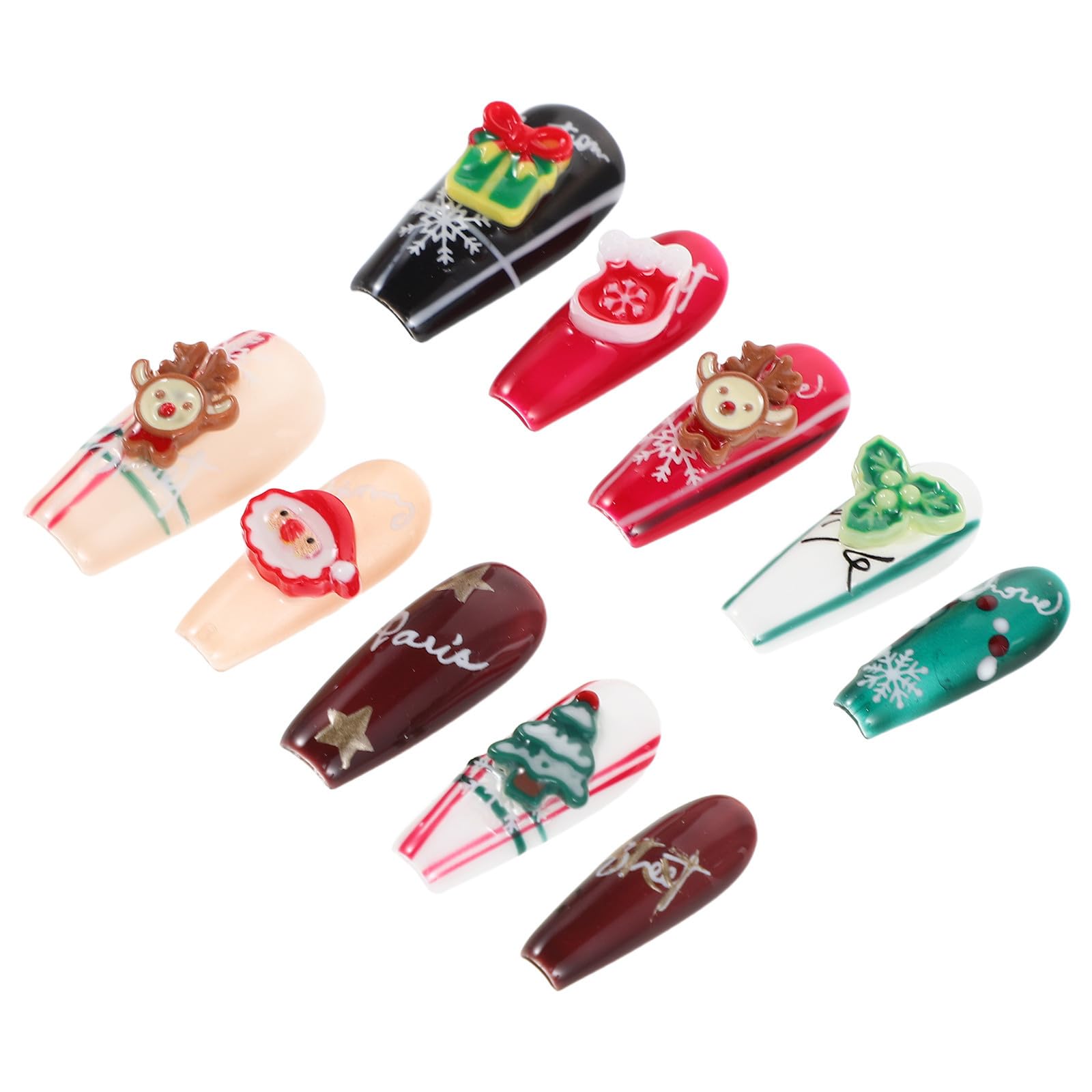 5 Juegos Uñas Postizas Navideñas Largas, Diseño Santa y Árbol, Rojo