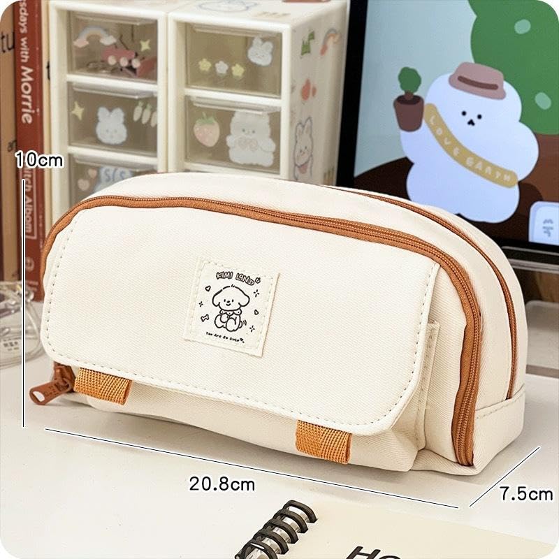 Image of Canvas School Bag Pencil Case, 3 Layer 6 Compartment Large Capacity, Aesthetic Pencil Pouch for Stationary, Cute Stationery for Kids, Pencil Case for Girls & Boys (Cream Pouch)