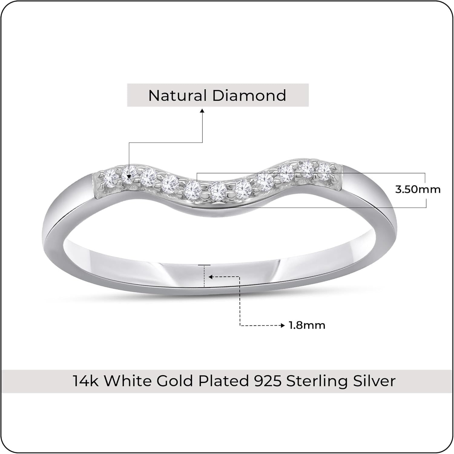 THE JEWEL ZONE Curved Stackable Wedding Band Ring for Women, 0.06 Cttw Round Cut Natural Diamond Accent Anniversary or Promise Ring in 14K Gold Over 925 Sterling Silver (I-J Color/I2-I3 Clarity)
