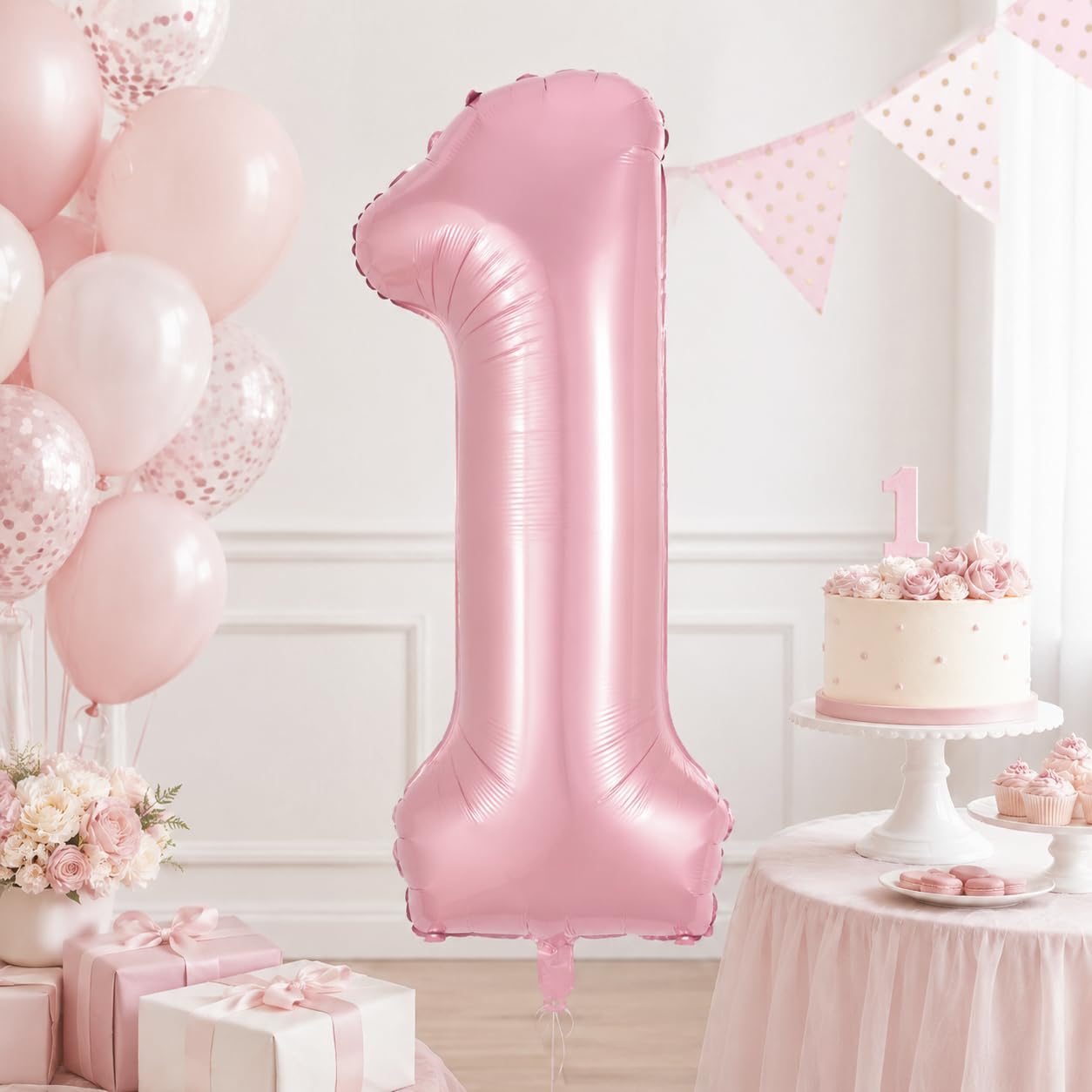 Photo 1 of Pastel Pink 1 Balloons, 40 Inch Giant Light Pink Helium Foil Number 0-9 for Girls, Self Inflating 1st Birthday Balloon for Women Anniversary Baby Shower Princess Party Decorations Supplies