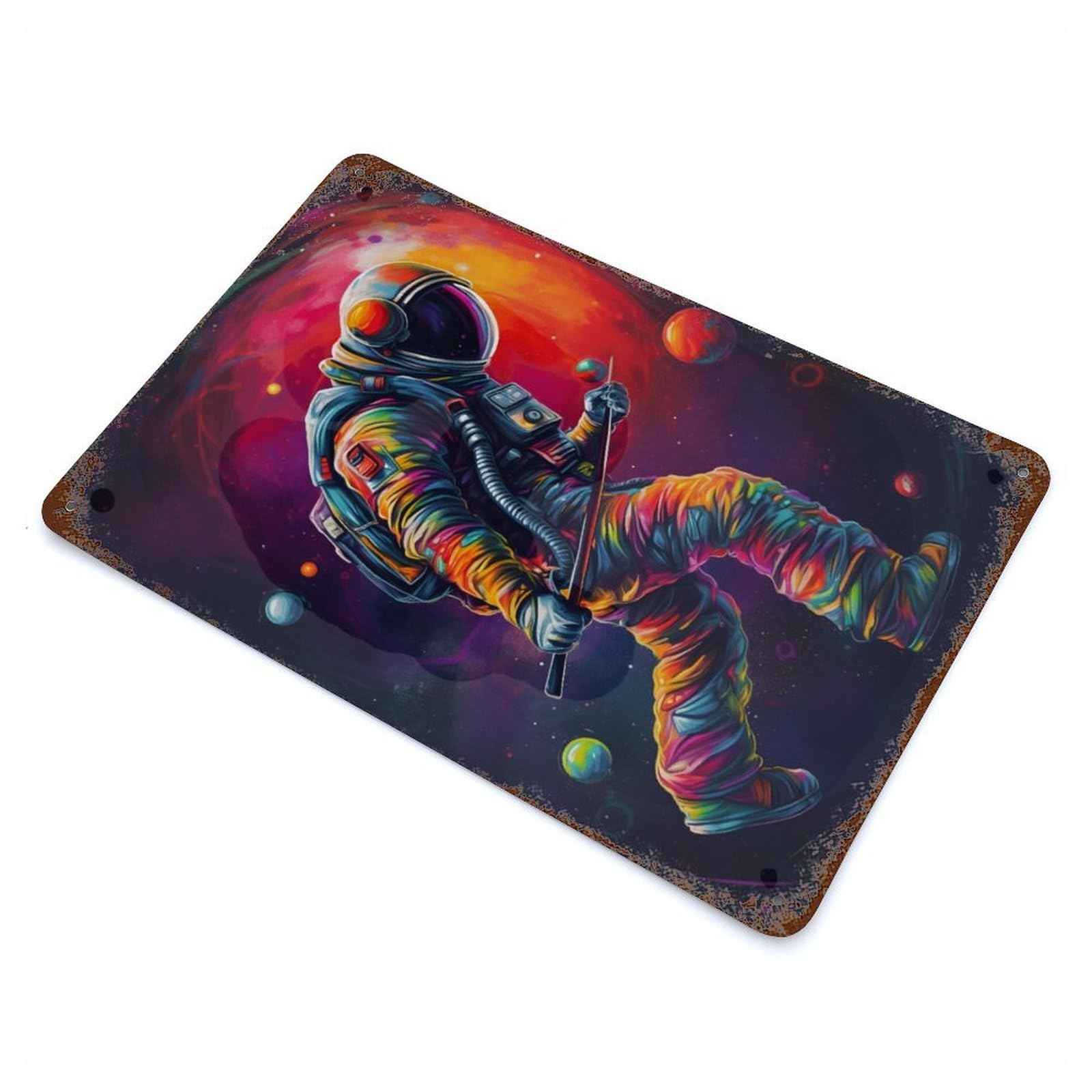 Colorful Astronaut 11.8"x7.9" Aged Metal Wall Plaque, Retro Wall Decor for Farmhouse, Kitchen And Entryway Decor