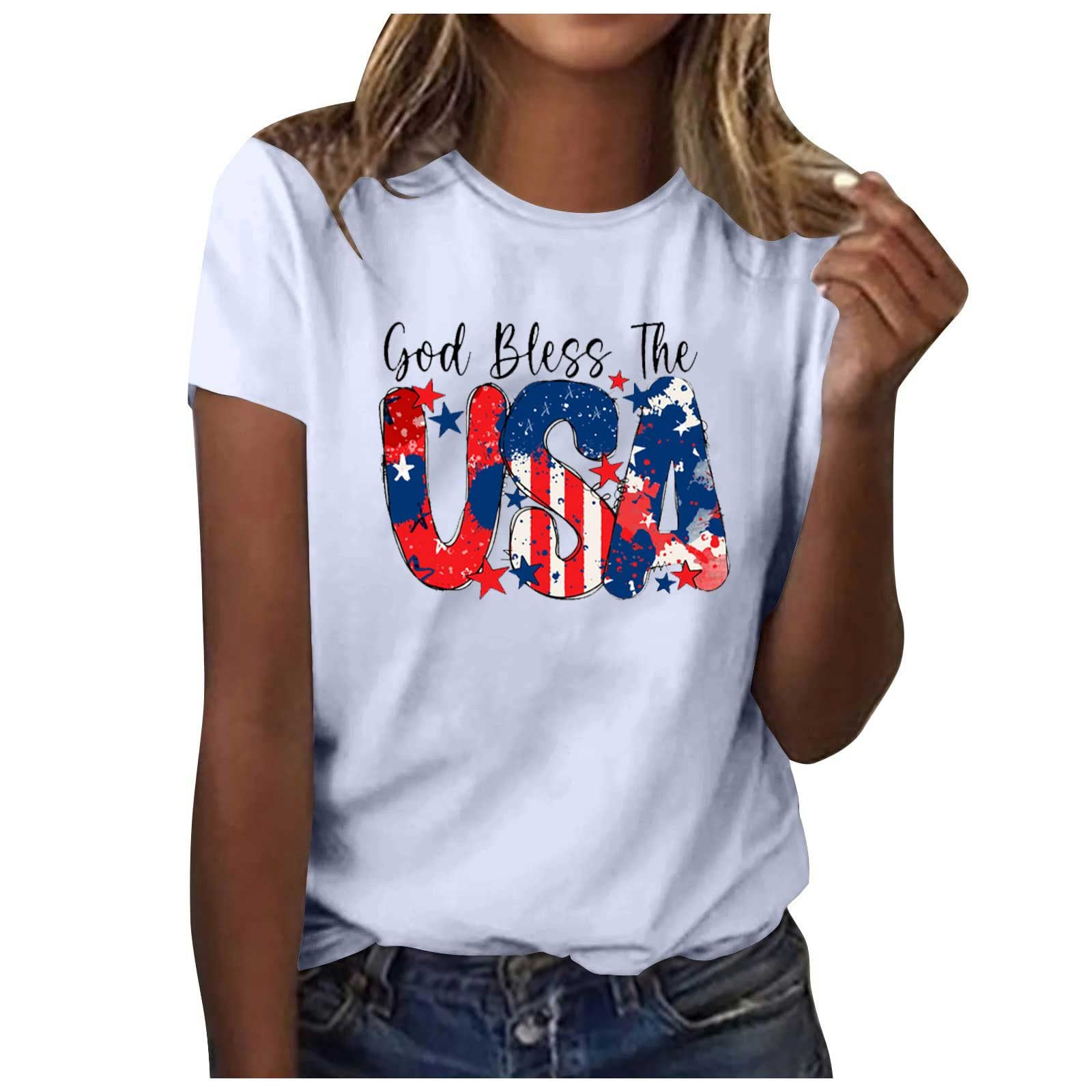 amidoa Womens God Bless The USA Shirts Funny Independence Day Tshirt Tops Chic American Patriotic Blouse Merica Stars Tees