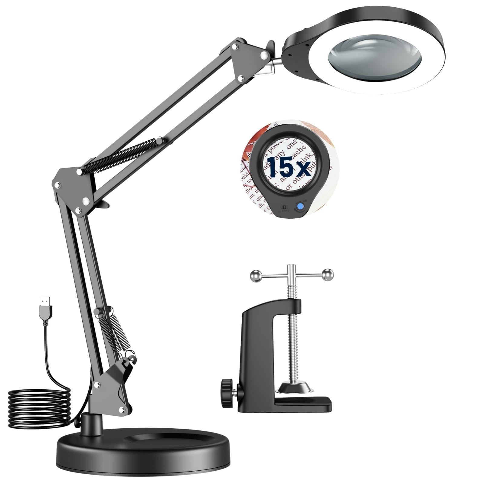 Lampada d'Ingrandimento 15X con Luce, 2 in 1 Base Larga e Clip, 5 Modalità Colore, Collo d'Oca Flessibile