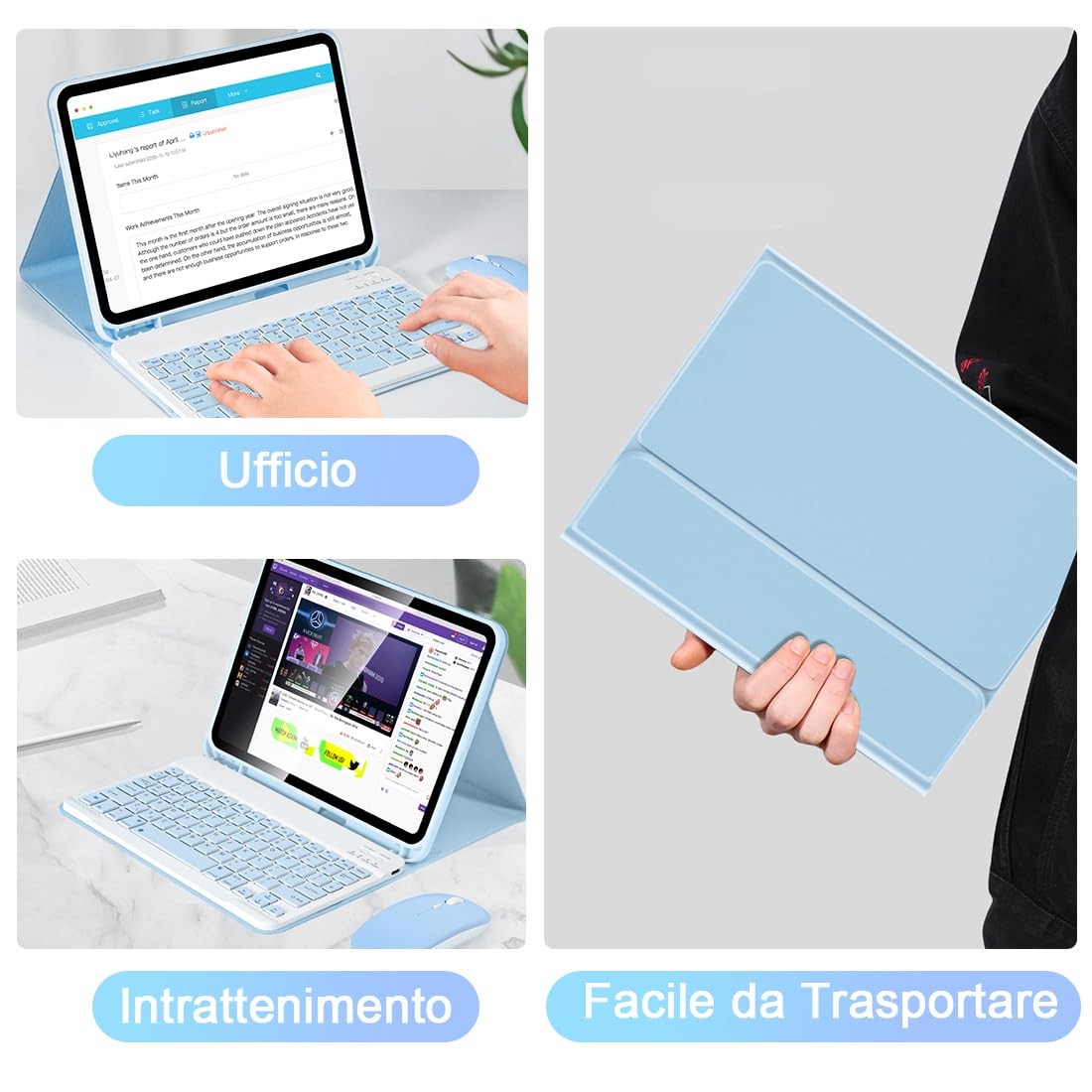 SOPPY Custodia con Tastiera e Mouse per iPad 11a Generazione (A16) 11 Pollici 2025, 10a Gene 10,9 Pollici 2022, cover Protettiva Staccabile, con Slot per Penna Stilo, Layout Italiano - Blu