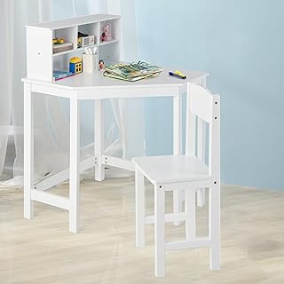 Kids Corner Desk Chair Set with Hutch and Bookshelf, Space Saving Wooden Study Corner Table for Small Space, Student Writing Computer Workstation for Bedroom, Study Room, Gift for Ages 3-8