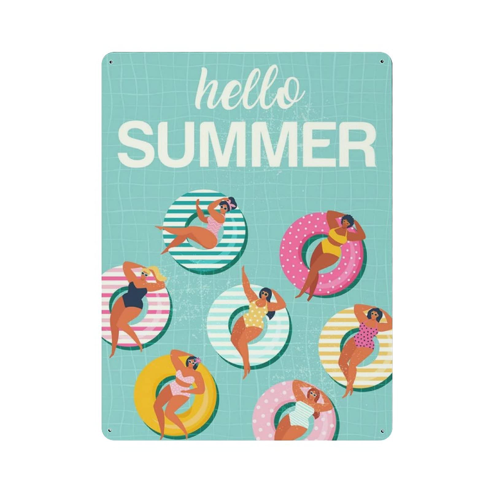Metal Tin Sign Hello Summer Swimming Pool Vintage Tin Poster Metal Sign Wall Decoration Country Kitchen Home Garage Decor 16"x12"