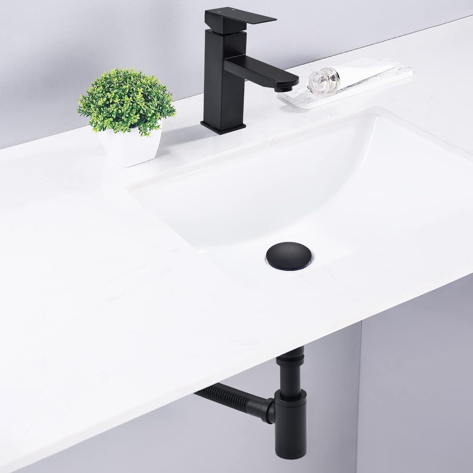 HOMELODY Sifone di design con valvola pop-up per lavandino, nero opaco, sifone universale in ottone, tappo per lavandino, antiodore con apertura di pulizia