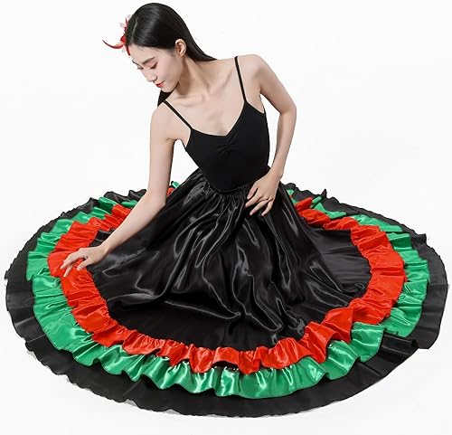 Miniatura 3 de Falda larga de baile con volantes para adultos color negro rojo verde falda folclórica para disfraz de flamenco mexicano de Halloween