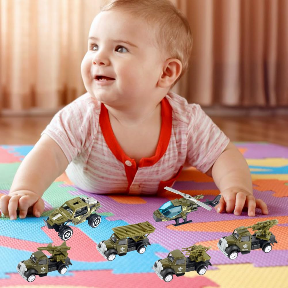 Jouet Militaire, 6PCS Militaire Jouet Voiture Miniature Véhicule Militaire Moulage sous Pression Véhicule de l'armée avec Tank Hélico Camion Militaire Jouet Voiture Modèles Cadeau pour Enfants 4 5 6 7