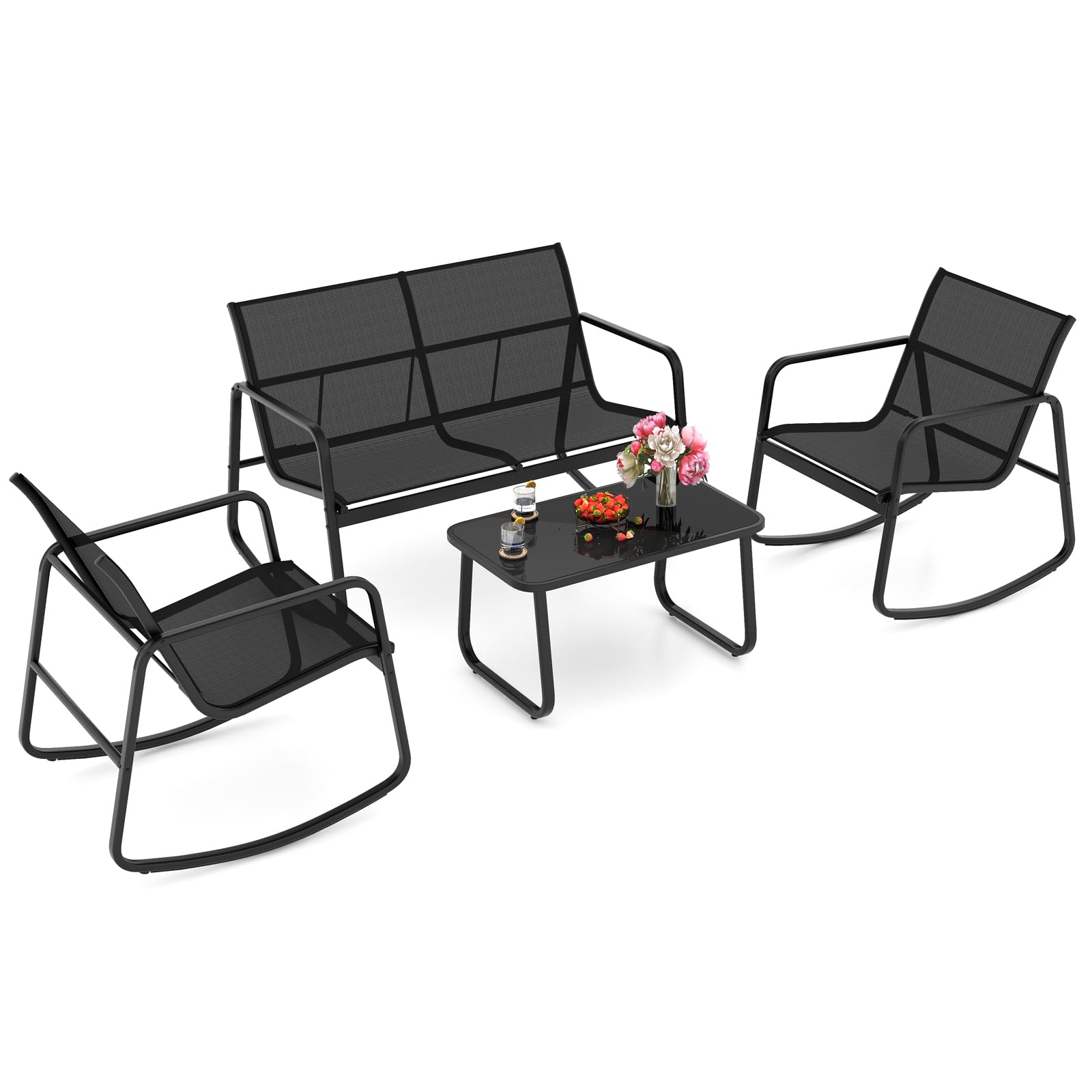 4PCS Garden Furniture Set, Metal Frame Outdoor Conversation Set with Loveseat, 2 Rocking Chairs and Glass Coffee Table, Conservatory Table Sofa Dining Set for Backyard Poolside